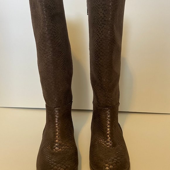 Kids Boots 4 Girl Shoes Child Knee High Boot Round Toe Snakeskin Brown Side Zip - Picture 6 of 7